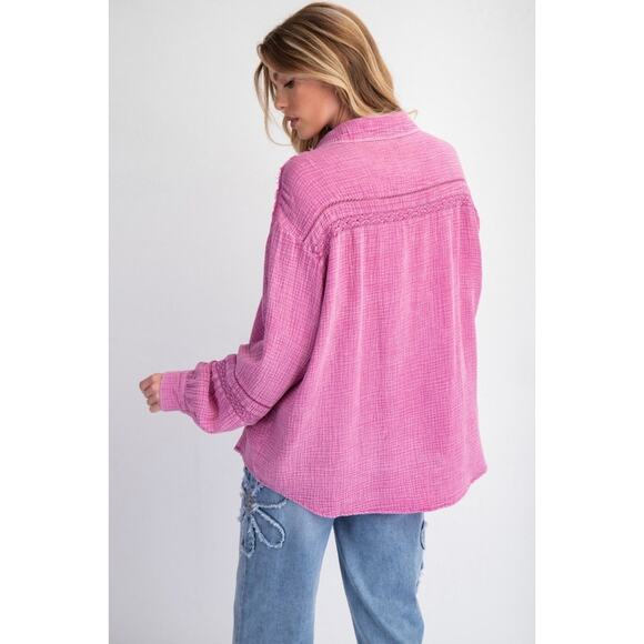 Easel Mineral Wash Gauze Button Up with Lace Detail - Picture 2 of 2